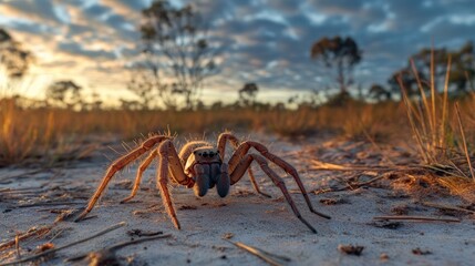Wall Mural - Dramatic sunset silhouette of a stalking arachnid predator with its long legs and fangs visible lurking in the wilderness  The powerful predator is backlit by the glowing sky