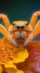 Wall Mural - Extreme close up macro shot of a bright orange furry spider with compound eyes sitting on a vibrant yellow and orange flower petal  The spider s detailed hairy legs body