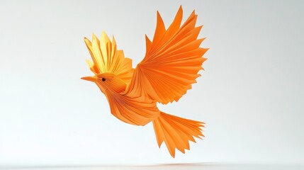 Wall Mural - abstract orange origami bird in flight against a white background.