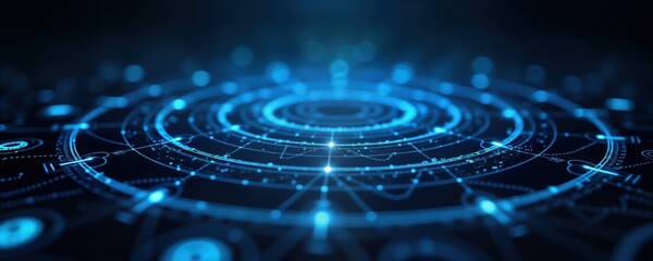 Poster - Abstract tech background. Blue light circles, lines create dynamic pattern. Intricate design evokes sense of futuristic motion. Circular shapes form complex system. Modern design. Ideal for tech