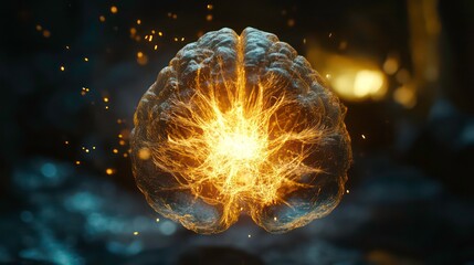 Poster - radiant burst of light emanates from detailed brain model, symbolizing creativity and intelligence. glowing effect against dark background highlights brain intricate design