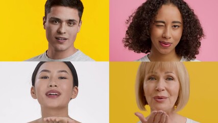 Poster - Four people from different backgrounds share joyful emotions through gestures. Their expressions reflect happiness and connection, set against bright, colorful backgrounds.
