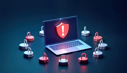 Poster - futuristic laptop displays security alert. small padlocks surround tech device. concept highlights d