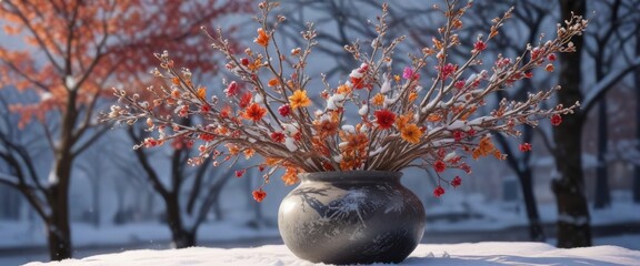 Wall Mural - Snow-covered tree branches with bare winter leaves and colorful flowers in a vase, botanical, branches