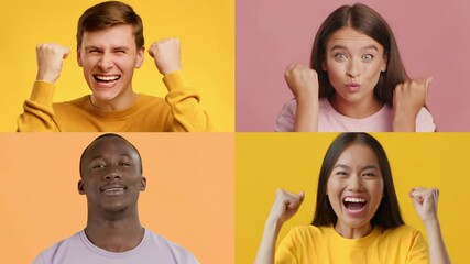 Poster - Four individuals display a range of joyful emotions through smiles and triumphant gestures. The vibrant backgrounds enhance their uplifting spirits, showcasing the power of diversity.