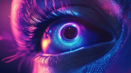 Wall Mural - fractal eye design with hypnotic spiral patterns electric blue and purple hues swirling into infinit