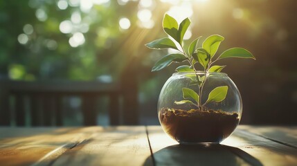 Wall Mural - small plant in glass terrarium sits on wooden table, bathed in warm sunlight, symbolizing growth and