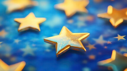 Wall Mural - smooth, polished gold stars, glowing brightly on a vibrant blue background