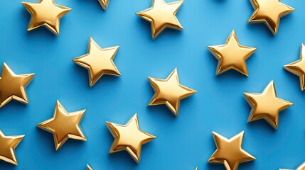 Wall Mural - smooth, polished gold stars, glowing brightly on a vibrant blue background