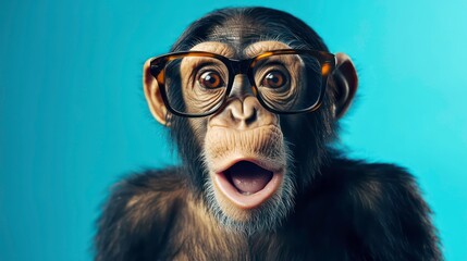 A surprised chimpanzee wearing glasses against a blue background.