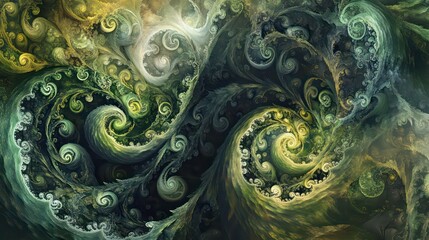 Wall Mural - abstract swirling fractal art with green and yellow hues, intricate patterns and organic shapes.