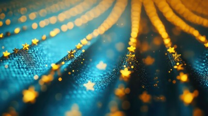Wall Mural - three parallel rows of gold stars glowing softly on an electric blue bokeh backdrop.
