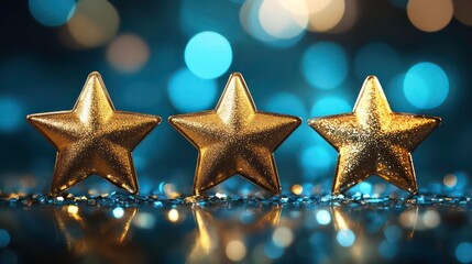 Canvas Print - three parallel rows of gold stars glowing softly on an electric blue bokeh backdrop.