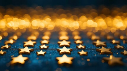 Wall Mural - golden stars scattered on a dark blue glittering background with blurred golden lights.