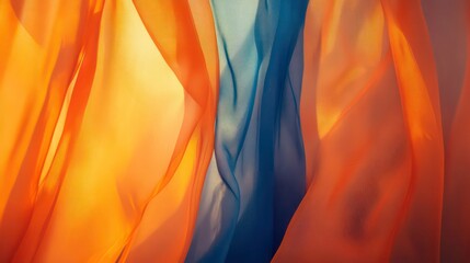 Poster - Translucent fabric drapes in vibrant orange and blue hues, creating serene atmosphere