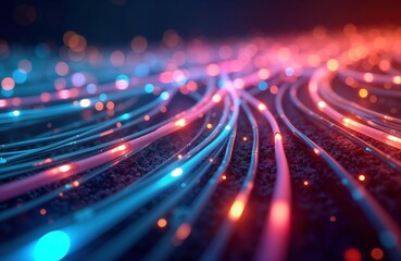 Poster - futuristic illustration shows glowing optical fibers. intense colors blend, emitting light, creating