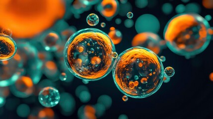 Poster - vibrant digital visualization of microscopic organisms evolving, featuring dynamic orange and teal spheres floating in dark background, evoking sense of wonder and complexity