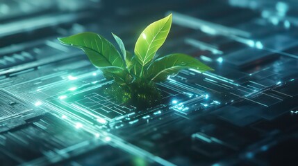 Poster - vibrant green plant emerges from digital blueprint, symbolizing innovation and growth in technology. glowing elements highlight fusion of nature and modern design