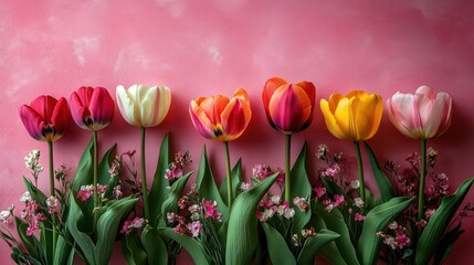 Wall Mural - Colorful tulips and delicate blossoms arranged beautifully on a marble surface against a soft pink background