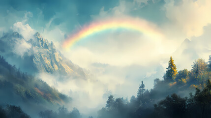 Wall Mural - A stunning fogbow and rainbow arch over misty valley create serene landscape. vibrant colors contrast beautifully with soft fog, evoking sense of tranquility. Rainbow Valley. Illustration