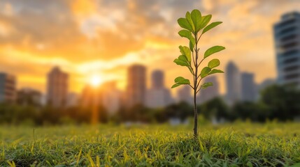 Wall Mural - young tree growing in grassy area with vibrant sunset and urban skyline in background, symbolizing h