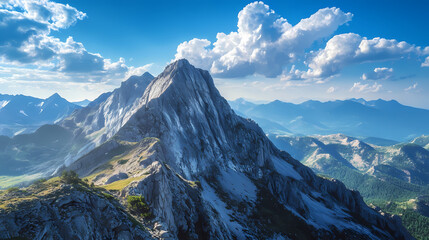 Wall Mural - Majestic mountain peak stretches towards the sky, its rugged grandeur reflected in the cerulean blue above. Sapphire Peak. Illustration