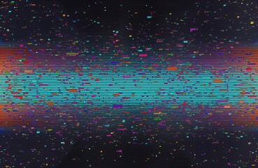 Poster - Colorful retro vhs scanlines overlay tv screen. Glitch effect digital art. Vibrant colors, lines on distressed display. Futuristic style. Vintage tv display. Old tech abstract background. Analog