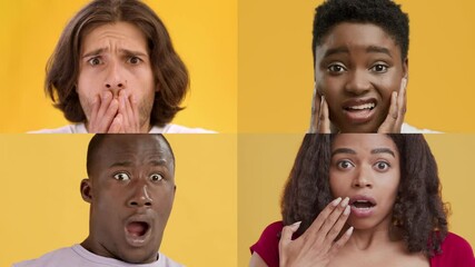 Poster - Four individuals display various expressions of surprise, showcasing a range of emotions. The vibrant background highlights their diverse features and gestures, capturing genuine reactions.
