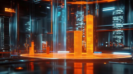 Poster - A 3D holographic bar chart displaying risk levels in futuristic setting, showcasing vibrant orange and blue colors. digital interface highlights data trends and analytics