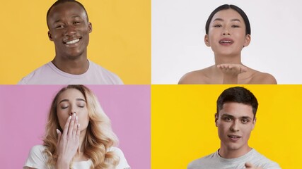Poster - A collection showcasing four diverse individuals expressing various emotions. This multiracial group interacts with lively backgrounds, embodying joy, affection, and confidence.
