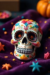 intricately designed sugar skull on a velvet cloth, decorative sweets, festive decor