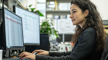 Focused Young Woman Working at Computer in Modern Office