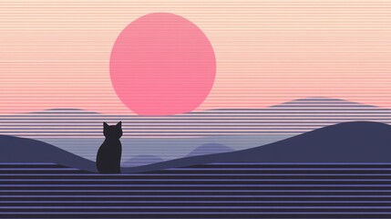 Poster - A cute cat sits peacefully on a wave-like texture, gazing at a vibrant pink sun rising over purple hills during dawn