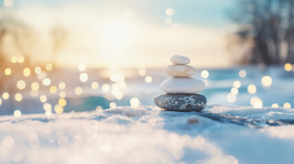 Wall Mural - A stack of smooth stones on a snowy surface, with soft glowing lights in the background, creating a peaceful and meditative scene.