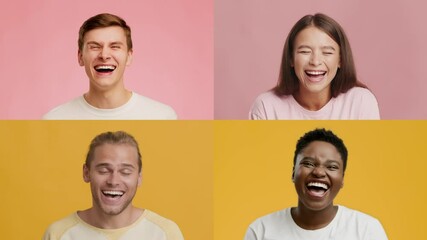 Poster - Four individuals of different backgrounds share contagious laughter and bright smiles against colorful backdrops. Their emotions highlight positivity and connection in a lively atmosphere.