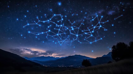 Wall Mural - a celestial network of interconnected points, illuminated against a backdrop of a starry night sky, 