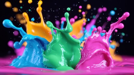 Poster - Joyful splashes of paint create a colorful explosion, showcasing shades of blue, green, yellow, pink, and sparkles in a lively spectacle