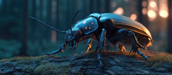 Wall Mural - glowing blue ground beetle a member of the carabidae family crawling slowly on the moss covered fore