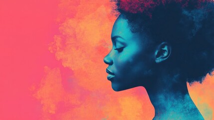 Poster - A woman with natural hair is depicted in profile against a vivid pink and orange backdrop, highlighting her features and grace