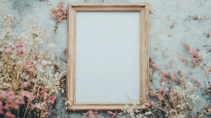 Poster - A rustic wooden frame holds a blank canvas, elegantly surrounded by soft dried flowers on a muted wall, creating a serene atmosphere