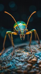 Wall Mural - Close up shot of a vibrant and intricately patterned insect crawling on the forest floor its compound eyes and detailed exoskeleton creating a captivating and mysterious natural scene