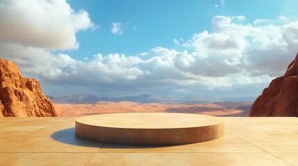 a podium on a wide open desert, with dunes stretching far into the horizon under a bright sky