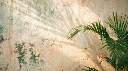 Aufkleber - A delicate palm leaf shadow creates fascinating patterns on a weathered wall, illuminated by soft sunlight in the late afternoon