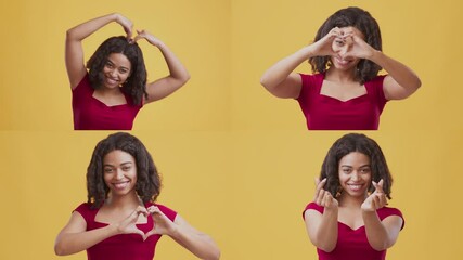 Poster - A collection of African American woman showcasing various positive emotions. She engage in joyful gestures, reflecting happiness and inclusivity against a bright backdrop.