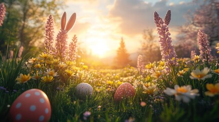 Wall Mural - Easter eggs and bunny ears peeking out from behind tall spring flowers