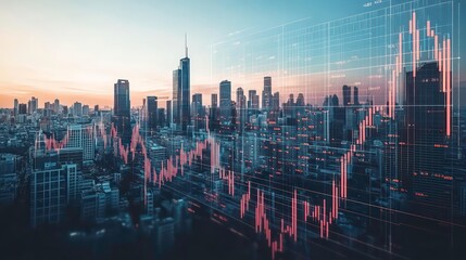 Poster - A futuristic cityscape with digital stock market charts overlaying the skyline, representing the integration of finance and technology in a smart city.