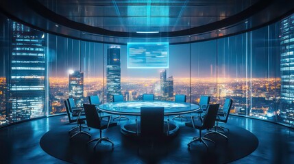 Poster - Modern futuristic boardroom with panoramic city view at night, featuring a large interactive screen displaying data.