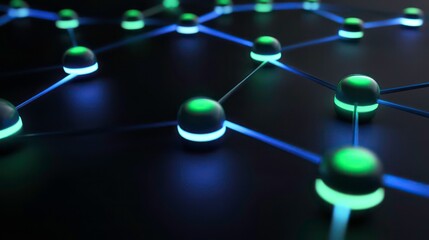 Poster - A futuristic digital business theme with glowing network nodes connected by blue and green lines, set against a dark gradient background with depth and texture