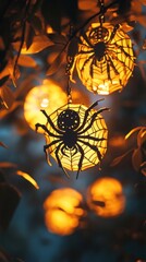 Wall Mural - spooky glowing spider webs illuminated in the haunting autumn nightscape creating an eerie and myste