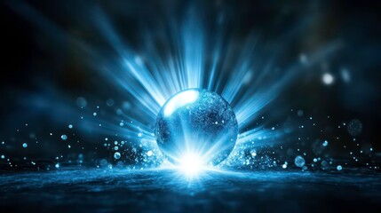 Poster - a glowing blue orb stands out in a dark setting, emitting beams of light that pierce through sparkli